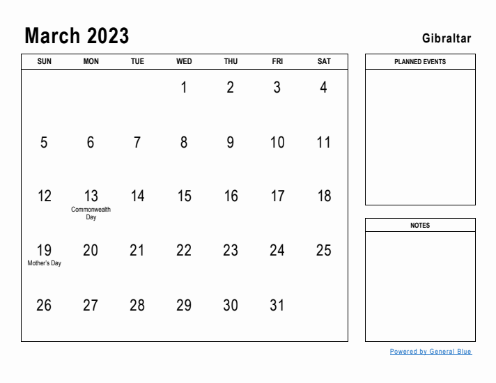 March 2023 Printable Monthly Calendar with Gibraltar Holidays