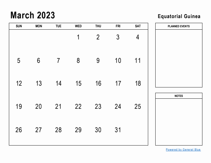 March 2023 Printable Monthly Calendar with Equatorial Guinea Holidays