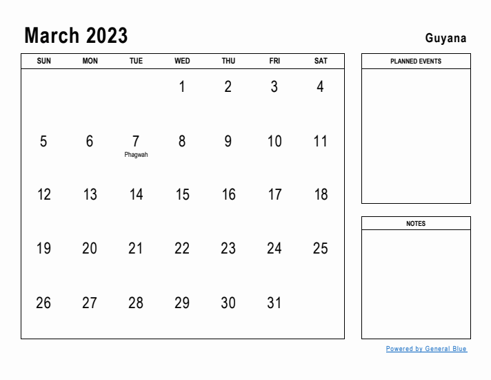 March 2023 Printable Monthly Calendar with Guyana Holidays