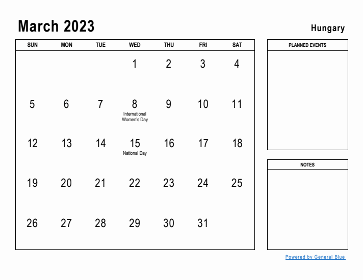 March 2023 Printable Monthly Calendar with Hungary Holidays