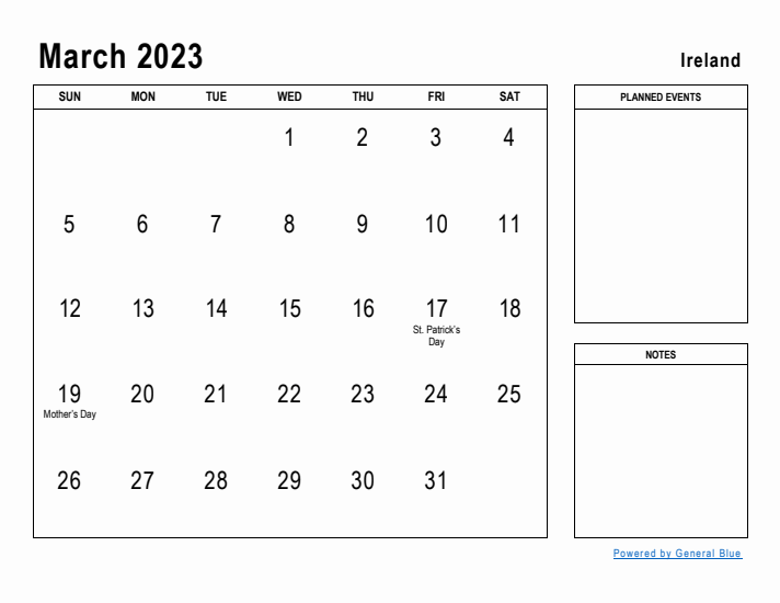 March 2023 Printable Monthly Calendar with Ireland Holidays