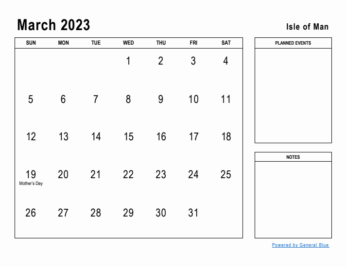 March 2023 Printable Monthly Calendar with Isle of Man Holidays