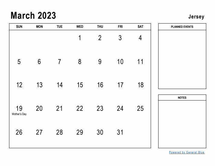 March 2023 Printable Monthly Calendar with Jersey Holidays