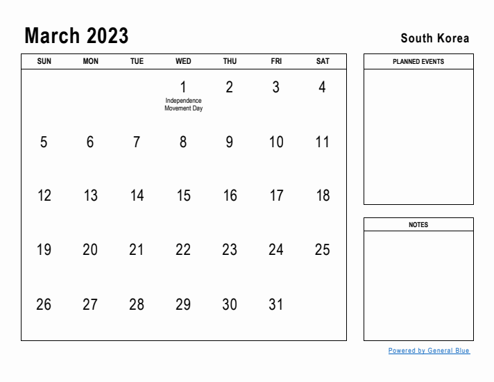 March 2023 Printable Monthly Calendar with South Korea Holidays