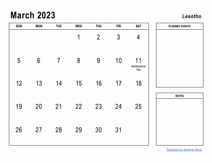 March 2023 Printable Monthly Calendar with Lesotho Holidays