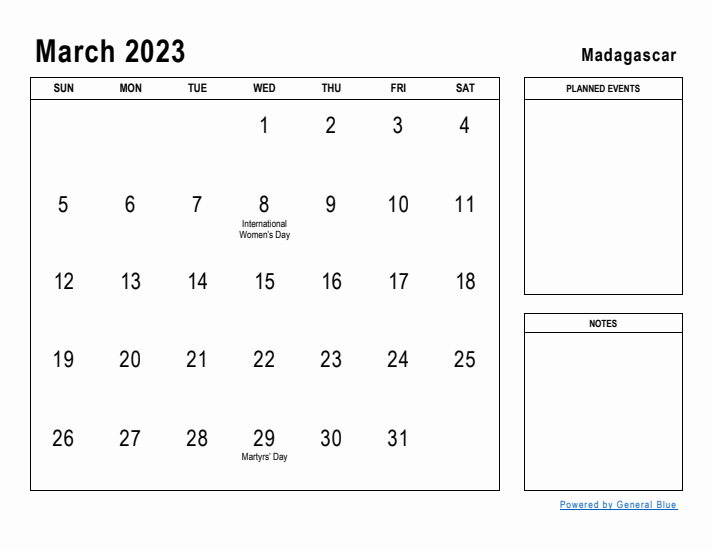 March 2023 Printable Monthly Calendar with Madagascar Holidays