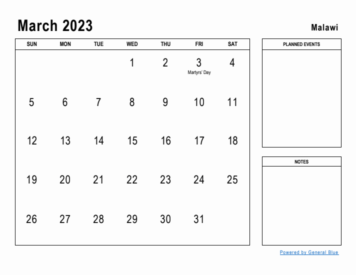 March 2023 Printable Monthly Calendar with Malawi Holidays