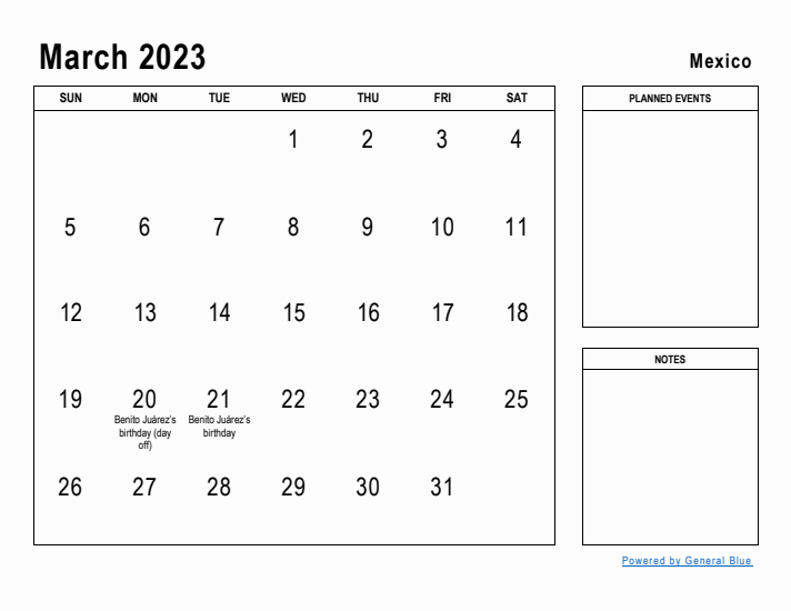 March 2023 Printable Monthly Calendar with Mexico Holidays