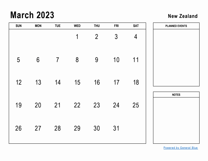 March 2023 Printable Monthly Calendar with New Zealand Holidays