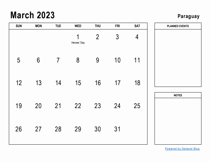 March 2023 Printable Monthly Calendar with Paraguay Holidays