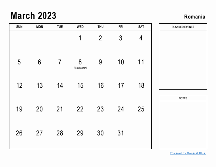 March 2023 Printable Monthly Calendar with Romania Holidays