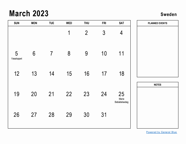 March 2023 Printable Monthly Calendar with Sweden Holidays