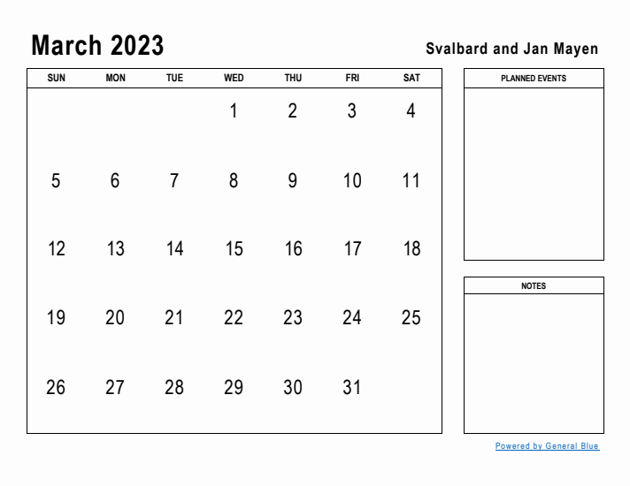 March 2023 Printable Monthly Calendar with Svalbard and Jan Mayen Holidays