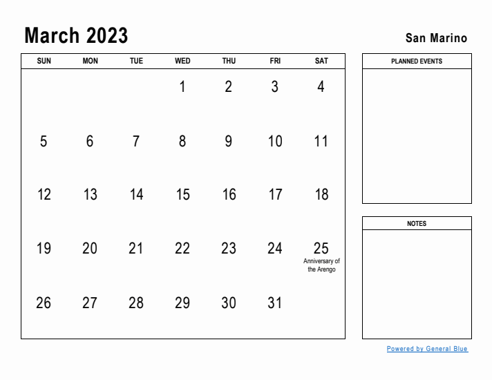 March 2023 Printable Monthly Calendar with San Marino Holidays