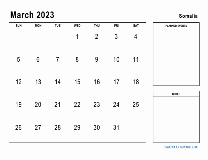 March 2023 Printable Monthly Calendar with Somalia Holidays