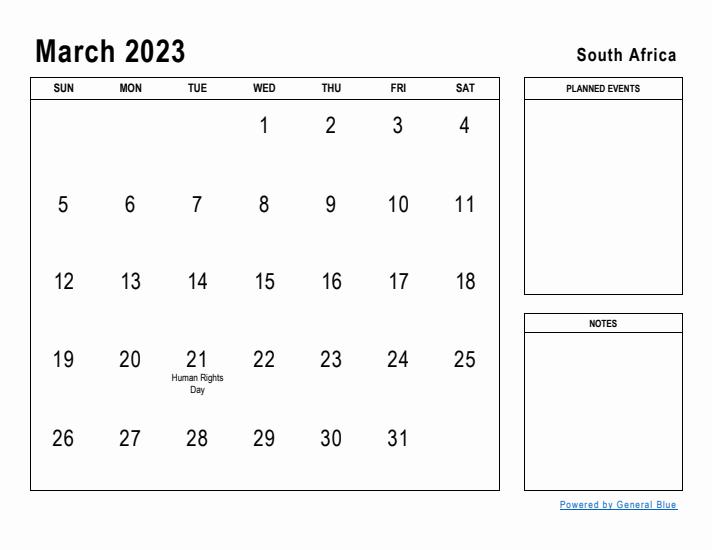 March 2023 Printable Monthly Calendar with South Africa Holidays