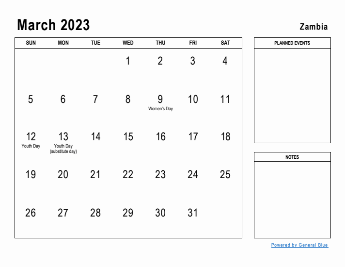 March 2023 Printable Monthly Calendar with Zambia Holidays