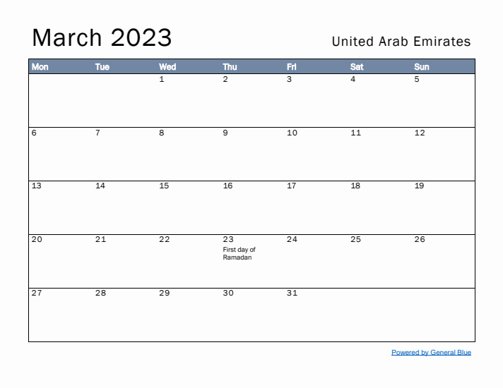 March 2023 Simple Monthly Calendar for United Arab Emirates