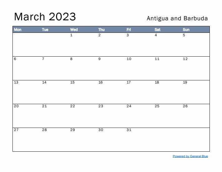 March 2023 Simple Monthly Calendar for Antigua and Barbuda