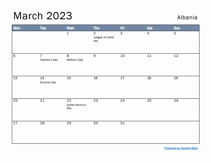 March 2023 Simple Monthly Calendar for Albania