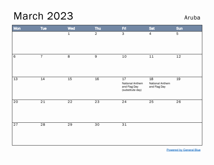 March 2023 Simple Monthly Calendar for Aruba