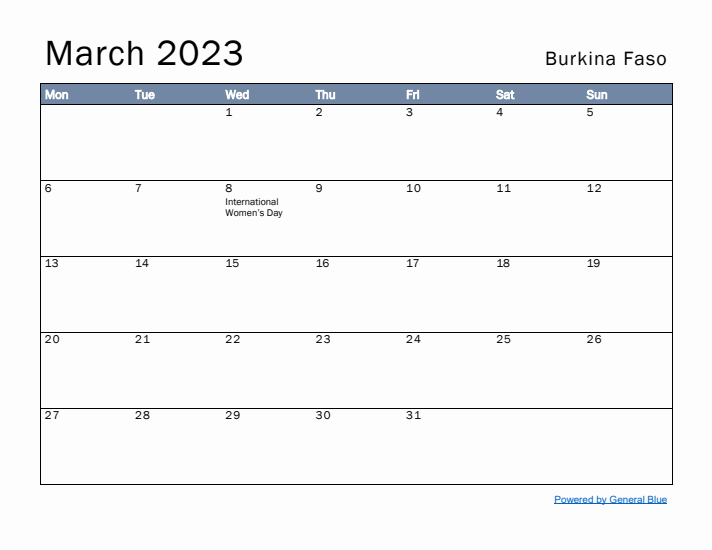 March 2023 Simple Monthly Calendar for Burkina Faso