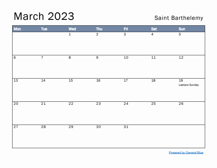 March 2023 Simple Monthly Calendar for Saint Barthelemy