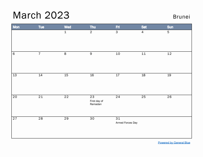 March 2023 Simple Monthly Calendar for Brunei