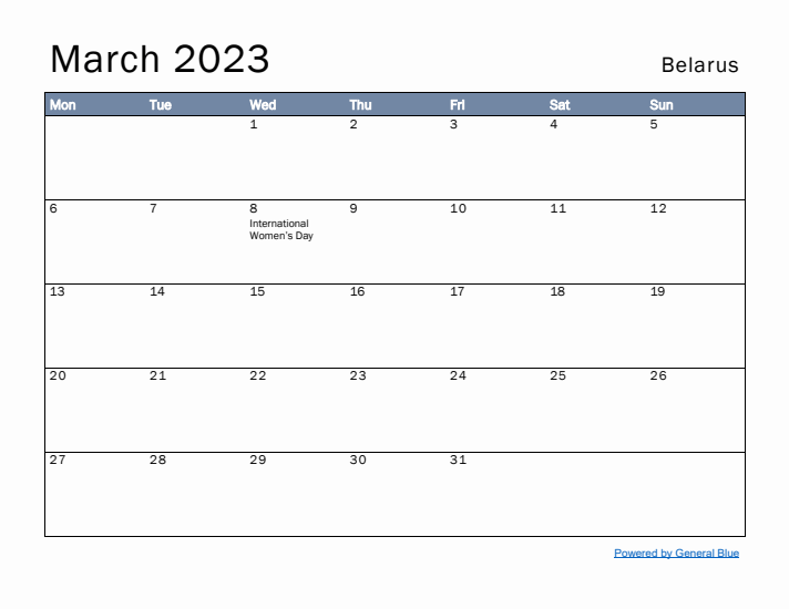 March 2023 Simple Monthly Calendar for Belarus