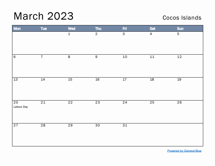 March 2023 Simple Monthly Calendar for Cocos Islands