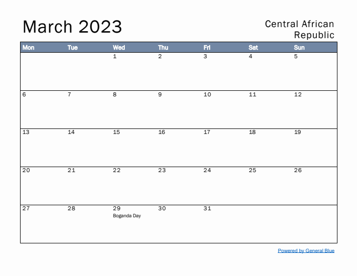 March 2023 Simple Monthly Calendar for Central African Republic