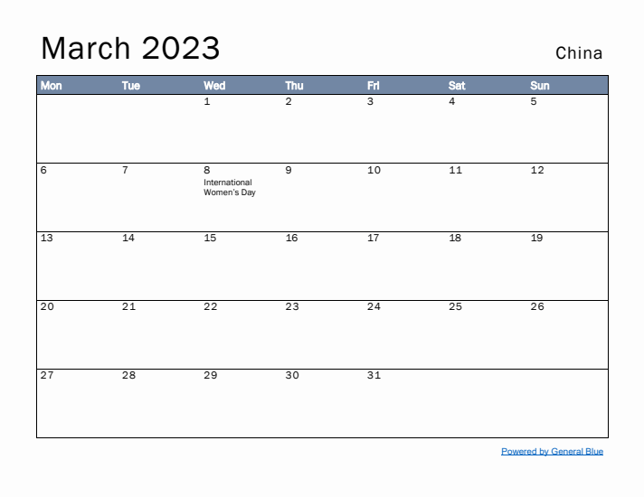 March 2023 Simple Monthly Calendar for China