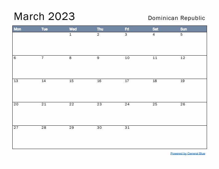 March 2023 Simple Monthly Calendar for Dominican Republic