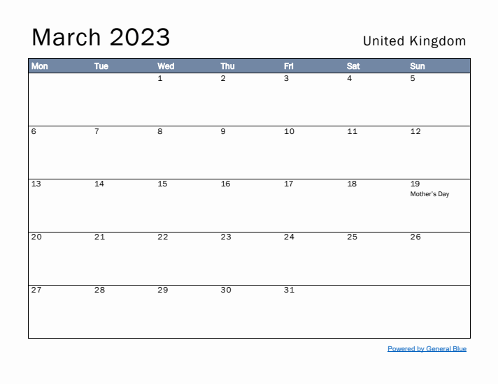 March 2023 Simple Monthly Calendar for United Kingdom