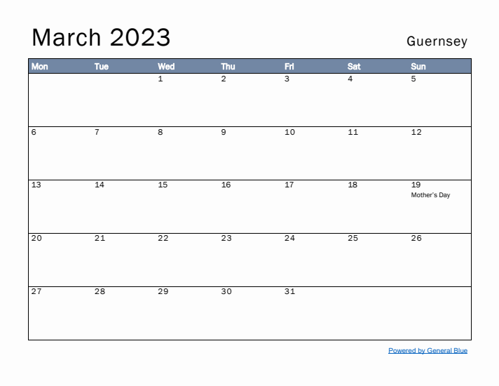 March 2023 Simple Monthly Calendar for Guernsey