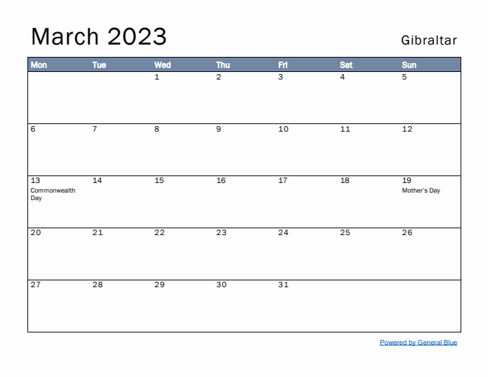 March 2023 Simple Monthly Calendar for Gibraltar