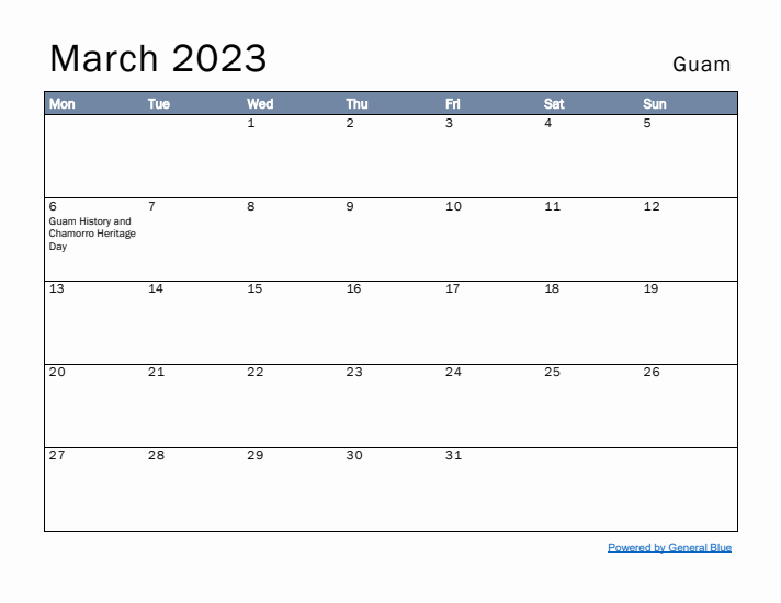 March 2023 Simple Monthly Calendar for Guam