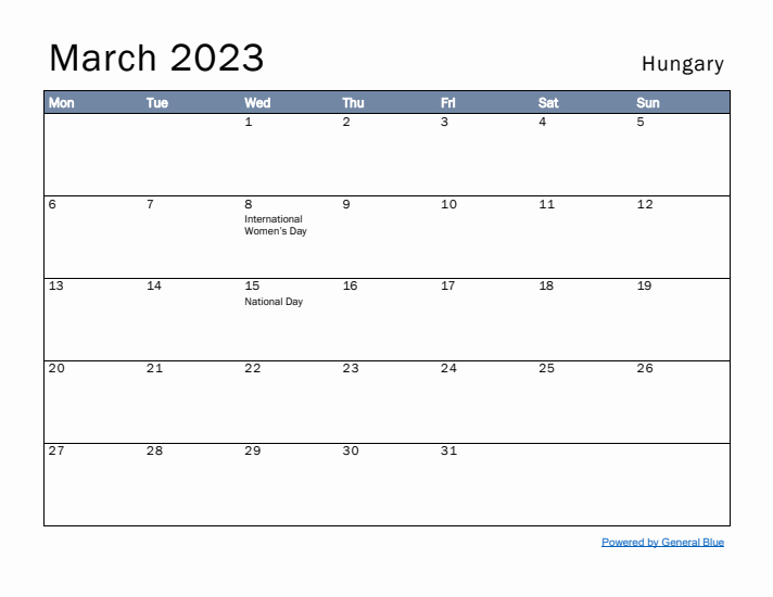 March 2023 Simple Monthly Calendar for Hungary