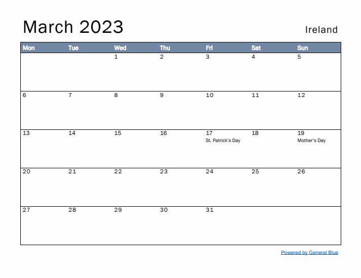 March 2023 Simple Monthly Calendar for Ireland