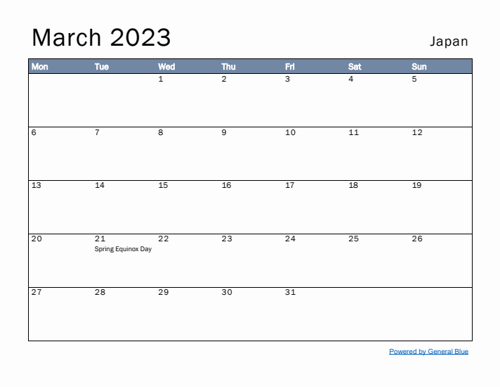 March 2023 Simple Monthly Calendar for Japan