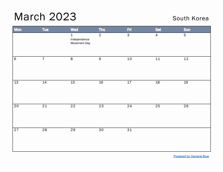 March 2023 Simple Monthly Calendar for South Korea