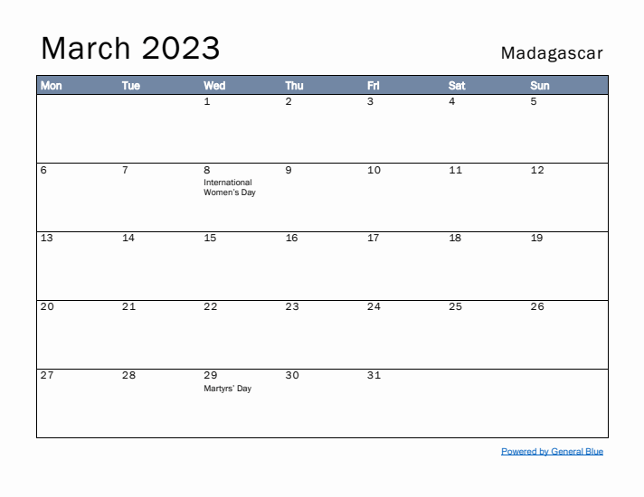 March 2023 Simple Monthly Calendar for Madagascar