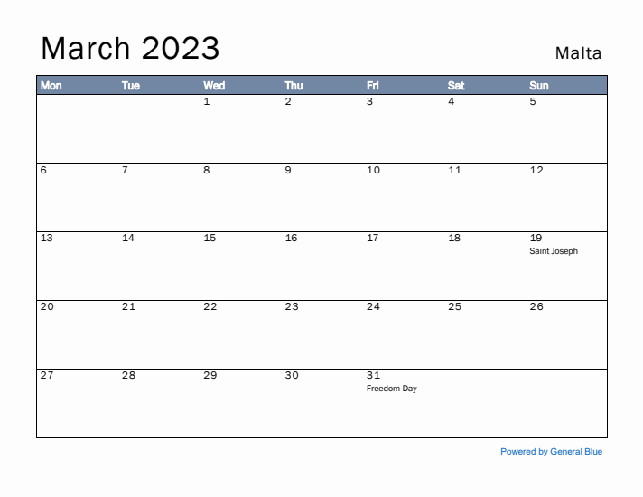 March 2023 Simple Monthly Calendar for Malta