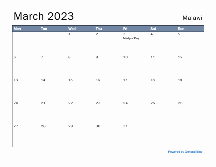 March 2023 Simple Monthly Calendar for Malawi