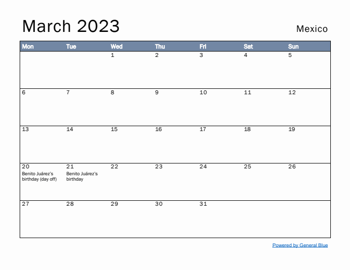 March 2023 Simple Monthly Calendar for Mexico