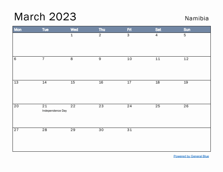 March 2023 Simple Monthly Calendar for Namibia