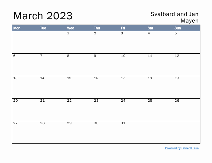 March 2023 Simple Monthly Calendar for Svalbard and Jan Mayen