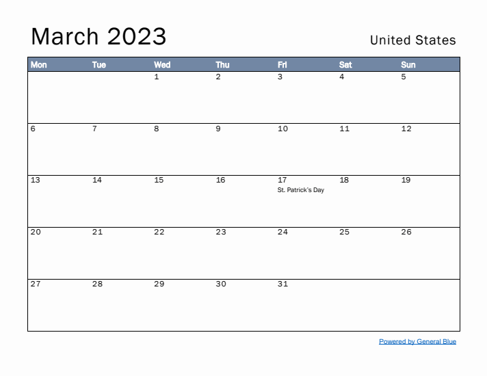 March 2023 Simple Monthly Calendar for United States