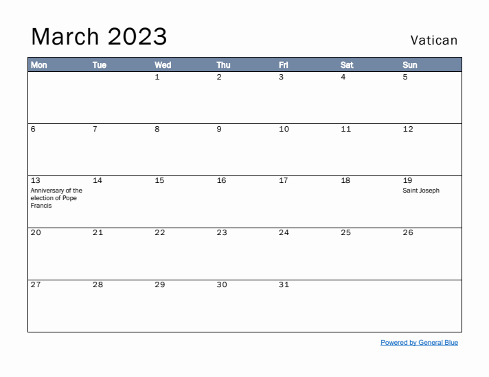 March 2023 Simple Monthly Calendar for Vatican