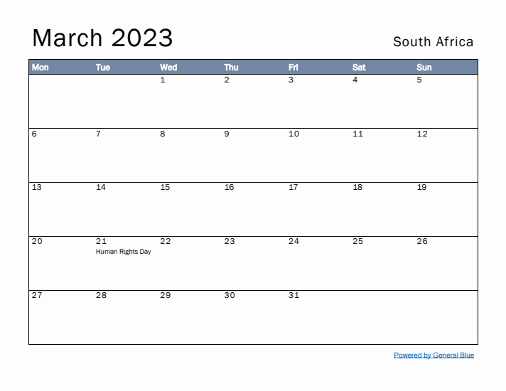 March 2023 Simple Monthly Calendar for South Africa